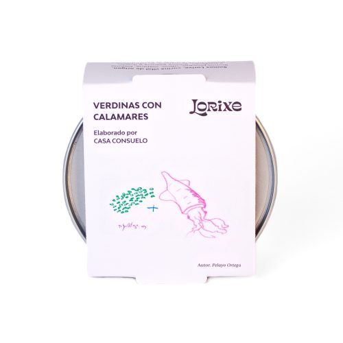 Producto de conservas caseras y gourmet Lorixe de la gama de verdinas con calamares